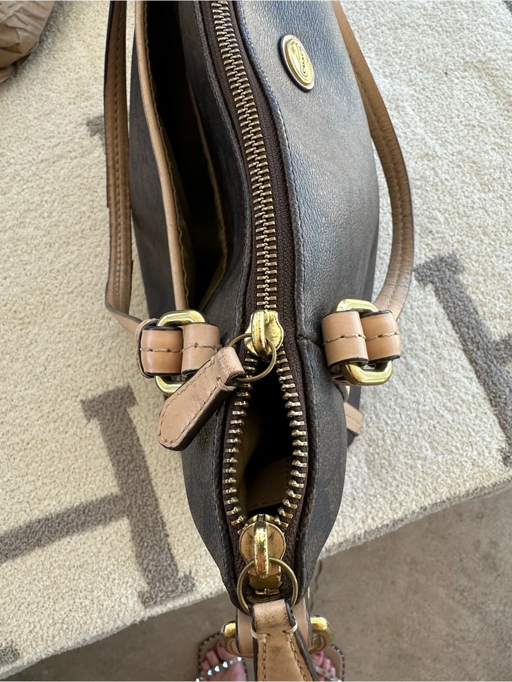 Coach Brown Signature Shoulder Bag with Tan Trim